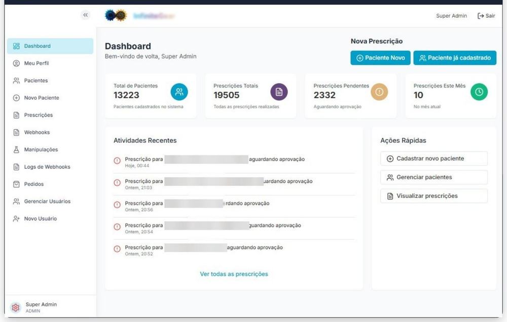 Tela do sistema de termos de consentimento farmacêutico (dados sensíveis ocultados)